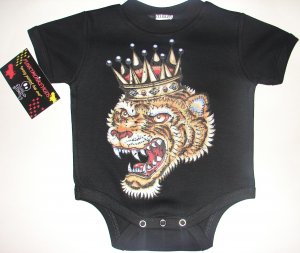 NEW BLACK PUNKY TATTOO STYLE ONESIE OR TODDLER TEE OF A TIGER WITH CROWN