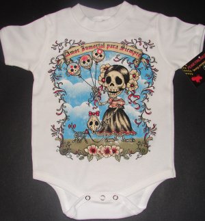 NEW WHITE SHORT SLEEVE TATTOO ONESIE OR TODDLER TEE "AMOR INMORTAL PARA SIEMPRE"