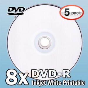 5 PK White Inkjet HUB Printable Blank DVD-R 8X Disc