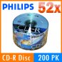 200 Pack Philips 52X 700MB 80Min CD-R Blank Disc Media For Music & Data Use.