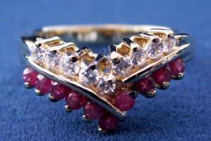 GOLD OVER STERLING SILVER SIM DIAMONDS & RUBIES RING