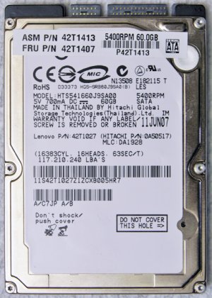 GENUINE IBM THINKPAD T60 T61 X60 X61 60GB LAPTOP HD HARD DRIVE 42T1407 / 42T1413