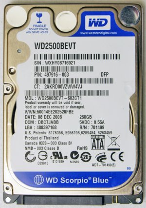 HP PAVILION DV2000 DV2500 DV4 250GB 5400RPM HD HARD DRIVE WD WD2500BEVT 454605