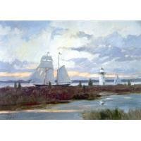 Light House Oil Painting on Canvas Tall Ship Sultry Weather (g66078930ttps)