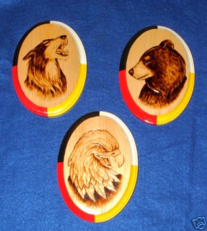 Wolf Bear Eagle Native American Woodburning Art 3 pc set