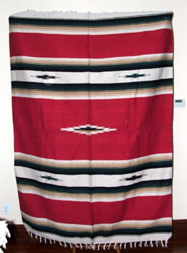 Large 5x7' Mexican Blanket Throw Diamond Center RED Heavyweight & Durable