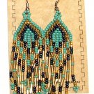 Beaded Earrings 3" Length Aqua Gold & Navy Blue Beadwork Regalia SD104