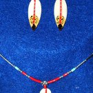 Hand Carved & Painted Bone Feather Silver Bead Necklace and Earring set #red