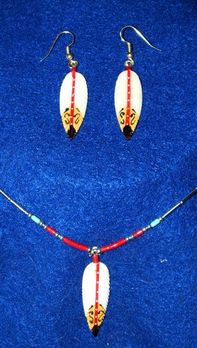 Hand Carved & Painted Bone Feather Silver Bead Necklace and Earring set #red