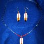 Hand Carved & Painted Bone Feather Silver Bead Necklace and Earring set #red