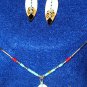 Handmade Carved & Painted Bone Feather Silver Necklace and Earring set #Blue