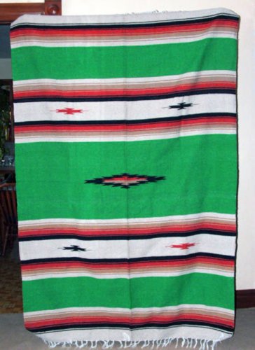 Large 5x7' Mexican Blanket Throw Diamond Center BRIGHT GREEN Heavyweight & Durable