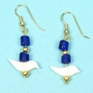 Earrings Hand carved Mother of pearl White Birds & Blue Beads Native American Iroquois Royal Blue