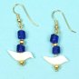 Earrings Hand carved Mother of pearl White Birds & Blue Beads Native American Iroquois Royal Blue