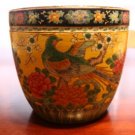 YELLOW HAND PAINTED POT VASE BIRD & FLOWERS JAPAN c1970