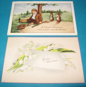 Boy with gun and lillies of the valley Easter postcards E32
