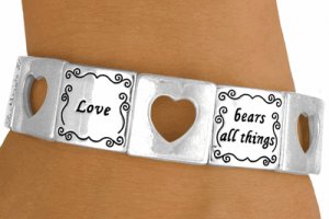 *Love* & cut out heart stretch bracelet POLISHED SILVER tone -W10730B