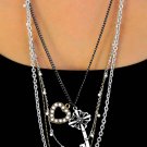 Necklace Heart & Key Drop triple tone Quad Chain
