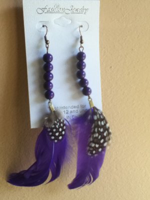 FEATHER EARRING WITH BEADs PURPLE free shipping