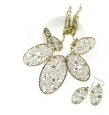 18k gp WHITE flower rhinestone necklace earring set womens jewelry fashion jewelry