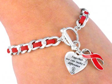 AIDS Awareness red leather toggle BRACELET together we can make a difference