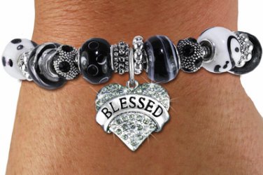 Silver tone black white unique beaded bracelet BLESSED crystal HEART charm
