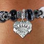 Silver tone black white unique beaded bracelet BLESSED crystal HEART charm