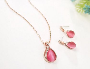 Rose Gold Plated Rose Red Crystal Rhinestone Faux Cat eye's Stone Jewelry Set