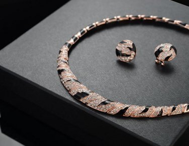 Elegant Rose Gold Clear Leopard Print Enamel Crystal Rhineston Earrings Necklace