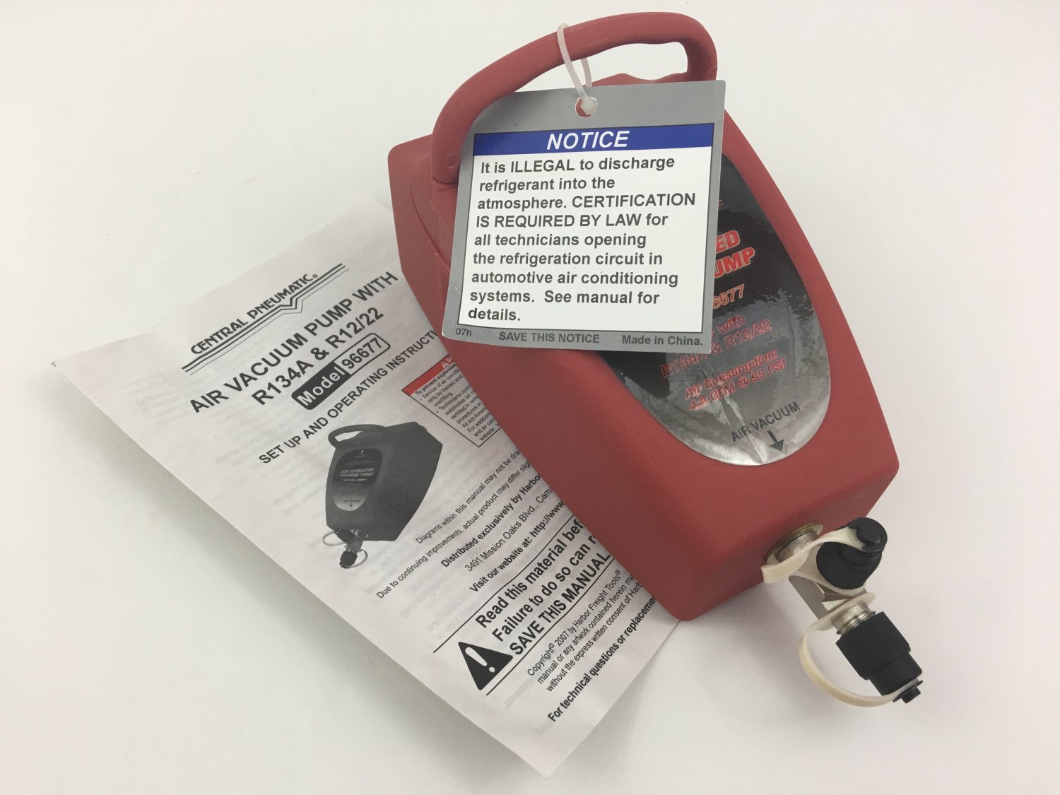 Central Pneumatic Auto/Car A/C Air Vacuum Pump W/ R134A & R12/22 Connector