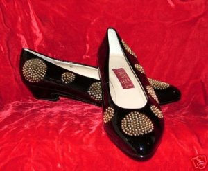 Size 12 Vaneli Black Patent Leather Flat Shoes with Gold Studs