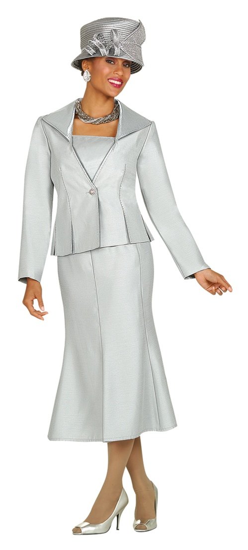 Silver Size 8-26W Woman's GMI Suit#3152 Rhinestone Trimmed 2pc Suit