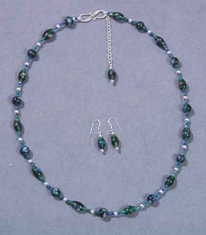 Adjustable Green & Blue Necklace & Earrings Set - Lampwork & Silver