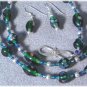 Adjustable Green & Blue Necklace & Earrings Set - Lampwork & Silver