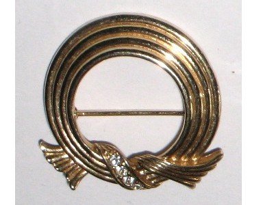 Gold tone Round Pin, Signed Avon, Rhinestones, Ridged