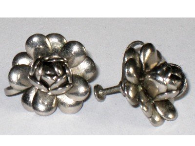 Vintage Silver tone Flower Earrings, Screw Back
