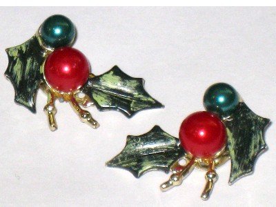 Vintage Christmas Holly Earrings, Screw Back