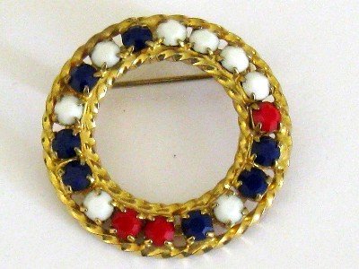 Red, White, Blue Circle Pin, Faceted Beads, Gold tone Frame, Like New