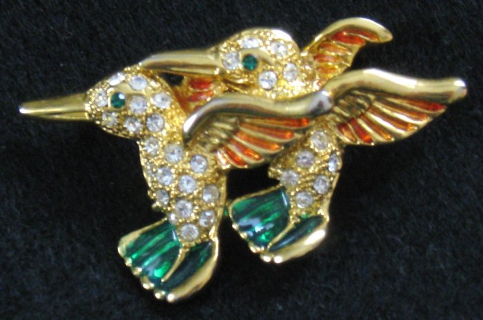 Hummingbird Pin, Rhinestones, Enamel, Gold tone