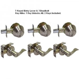 Combo Lockset: 3 Single Cylinder Deadbolt + 3 Entrance Reversible Lever Handle Door Lock