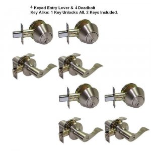 Combo SN Lockset: 4 Single Cylinder Deadbolt + 4 Entrance Reversible Lever Handle Door Lock