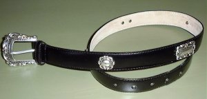 SUPER BLACK LADIES BELT W/ SILVER BUCKLE & MEDALLIONS #3