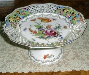 EARLY Pierced C. Schumann Compote CS BAVARIA Orange Tulip Dresden Flower Germany