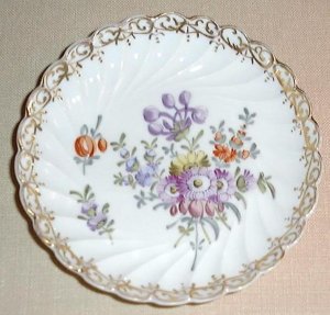 Beautiful hand painted Dresden floral pin tray, #2