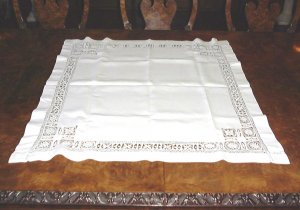 SUPER!! HANDMADE VINTAGE WHITE LINEN CLOTH W/ DRAWNWORK