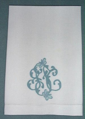 WHITE LINEN TOWEL, EXQUISITE "F" MONOGRAM, BUTTERFLIES