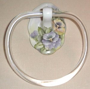 Hand Painted Porcelain Towel Holder Pansies Artist Signed