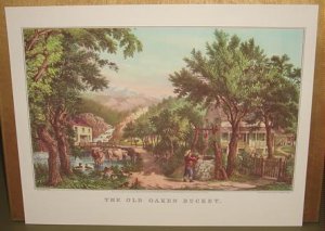 Currier & Ives Print THE OLD OAKEN BUCKET Cows Ducks