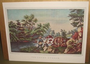 Currier & Ives Print THE TROUT STREAM Camp Boat Fish