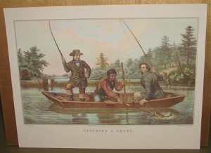 Currier & Ives Print CATCHING A TROUT Camp Boat Fish